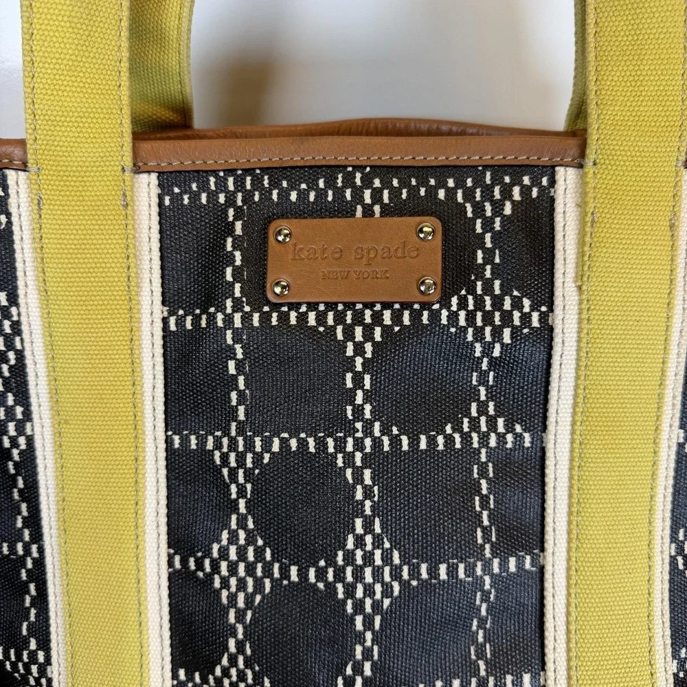 Kate Spade Tote Bag Medium Black Canvas Leather Yellow Straps Geometric